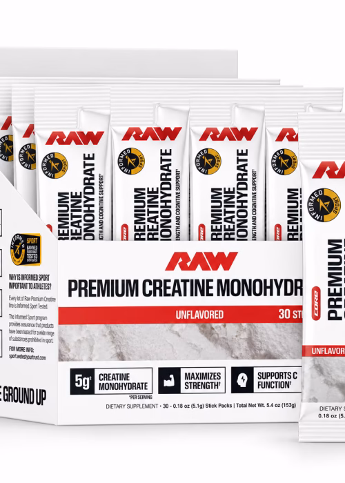 Creatina monohidratada RAW Nutrition sin sabor, caja de 30 sobres