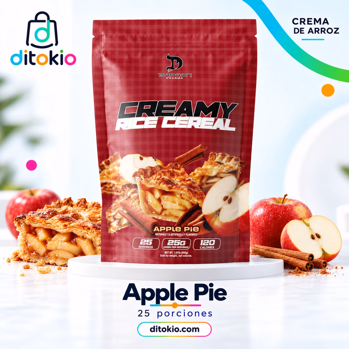 Dragon Pharma Creamy Rice Cereal Apple Pie, 25 porciones, diseño Ditokio