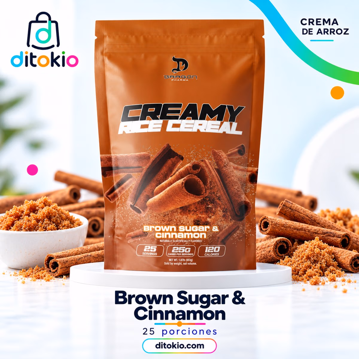 Dragon Pharma Creamy Rice Brown Sugar & Cinnamon, 25 porciones, diseño Ditokio